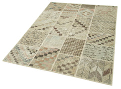 Handmade Area Rug - Beige Patchwork Cotton Wool Vintage Handwoven Carpet 4'5''x5'11''