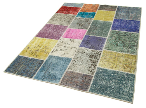 Kirk Yama Blue Patchwork Cotton Wool Handmade Area Rug 4'9'' x 6'8''