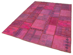 Handmade Area Rug – Pink Patchwork Cotton Wool Vintage Handwoven Carpet 5'10''x8'2''