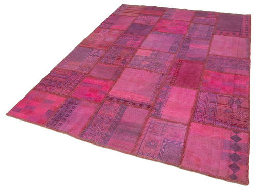 Handmade Area Rug – Pink Patchwork Cotton Wool Vintage Handwoven Carpet 5'10''x8'2''