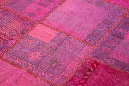Handmade Area Rug – Pink Patchwork Cotton Wool Vintage Handwoven Carpet 5'10''x8'2''