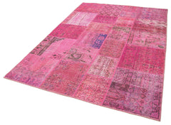 Handmade Area Rug - Pink Patchwork Cotton Wool Vintage Turkish Carpet 5'7''x7'10''