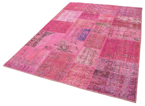 Handmade Area Rug - Pink Patchwork Cotton Wool Vintage Turkish Carpet 5'7''x7'10''