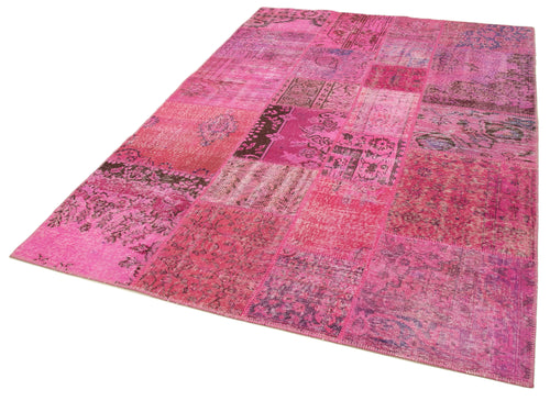 Handmade Area Rug - Pink Patchwork Cotton Wool Blend, Vintage Turkish Carpet 5'7" x 7'11"