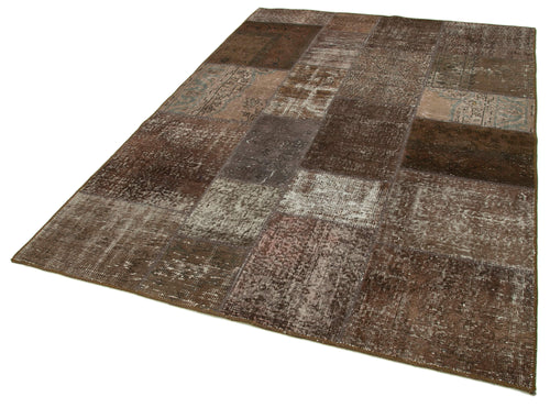 Handmade Area Rug - Brown Patchwork Cotton Wool Vintage Hand Woven Carpet 5'7''x8'