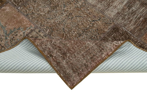 Handmade Area Rug - Brown Patchwork Cotton Wool Vintage Hand Woven Carpet 5'7''x8'