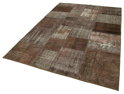 Handmade Area Rug - Kirk Yama Brown Patchwork Cotton Wool Carpet 5'7''x8'