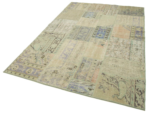 Handmade Area Rug – Beige Patchwork Cotton Wool Vintage Turkish Carpet 5'7''x8'