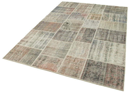 Handmade Area Rug – Grey Patchwork Cotton Wool Vintage Hand Knotted Carpet 5'7''x7'10''