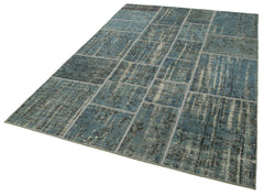 Handmade Area Rug – Blue Patchwork Cotton Wool Vintage Hand Woven Carpet 5'7''x7'10''