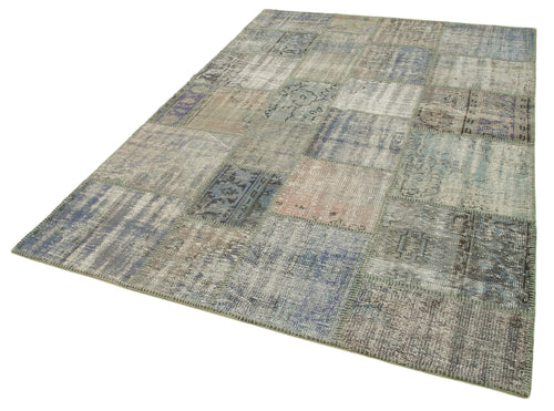 Handmade Area Rug - Kirk Yama Grey Patchwork Cotton Wool Carpet 5'9''x8'2''