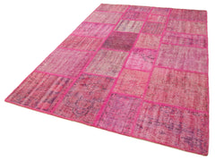 Handmade Area Rug - Pink Patchwork Cotton Wool Vintage Turkish Carpet 5'9''x8'1''