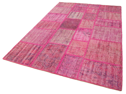 Handmade Area Rug - Pink Patchwork Cotton Wool Vintage Turkish Carpet 5'9''x8'1''