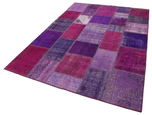 Handmade Area Rug - Purple Patchwork Cotton Wool Blend Vintage Turkish Carpet 5'8" x 8'1"