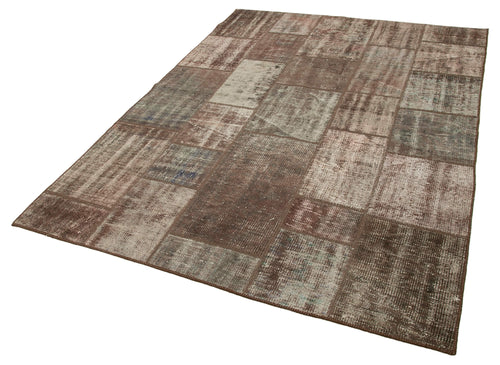 Handmade Area Rug – Turkish Patchwork Brown Carpet | Wool Cotton Blend 5'8''x7'9''