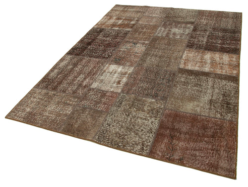 Handmade Area Rug - Brown Patchwork Cotton Wool Vintage Carpet 5'7" x 8'0"