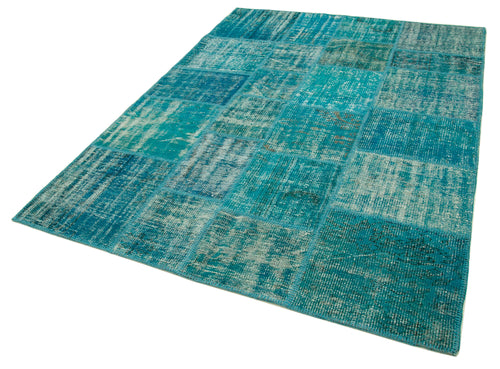 Kirk Yama Turquoise Patchwork Cotton Wool Handmade Area Rug 5'8'' x 7'10''
