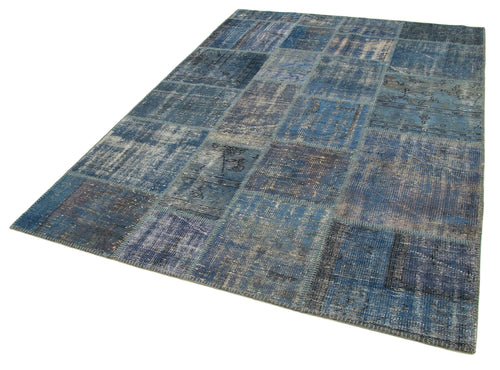 Handmade Area Rug – Blue Patchwork Wool Cotton Carpet 5'9''x8'0'' Durable Vintage