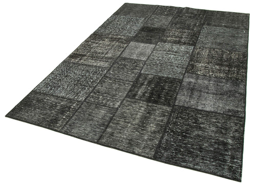 Handmade Area Rug - Black Patchwork Cotton Wool Vintage Turkish Carpet 5'7''x8'1''