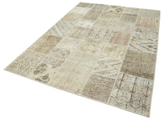 Handmade Area Rug - Beige Patchwork Cotton Wool Vintage Hand Woven Carpet 5'8'' x 7'10''