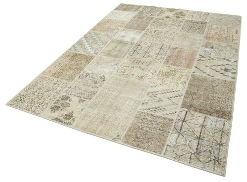 Handmade Area Rug - Beige Patchwork Cotton Wool Vintage Hand Woven Carpet 5'8'' x 7'10''