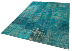 Handmade Area Rug – Turquoise Patchwork Style Cotton Wool Vintage Carpet 5'7''x7'10''