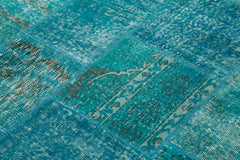 Handmade Area Rug – Turquoise Patchwork Style Cotton Wool Vintage Carpet 5'7''x7'10''