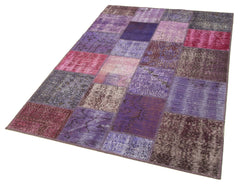 Handmade Area Rug - Purple Patchwork Cotton Wool Vintage Turkish Carpet 4'4''x6'7''