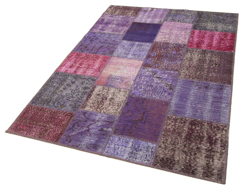 Handmade Area Rug - Purple Patchwork Cotton Wool Vintage Turkish Carpet 4'4''x6'7''