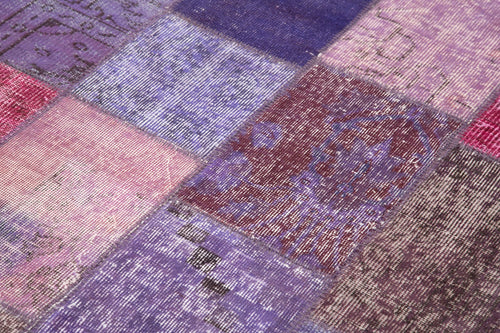 Handmade Area Rug - Purple Patchwork Cotton Wool Vintage Turkish Carpet 4'4''x6'7''