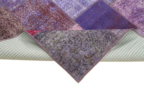 Handmade Area Rug - Purple Patchwork Cotton Wool Vintage Turkish Carpet 4'4''x6'7''