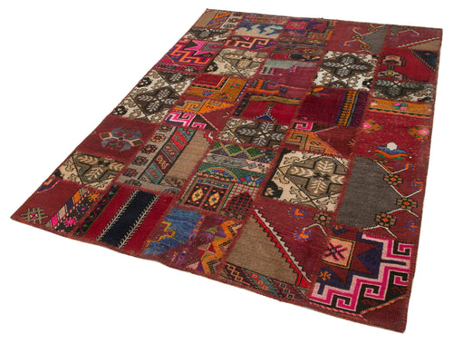 Kirk Yama Red Patchwork Cotton Wool Handmade Area Rug 4'10'' x 6'10''