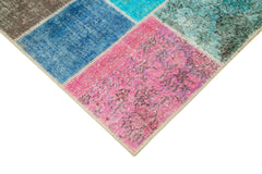 Handmade Area Rug - Blue Patchwork Wool Cotton Carpet, Vintage Turkish Style 4'9''x6'9''