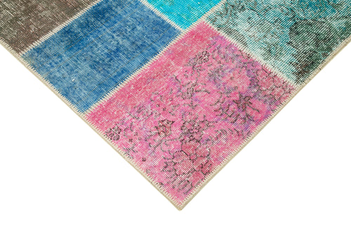 Handmade Area Rug - Blue Patchwork Wool Cotton Carpet, Vintage Turkish Style 4'9''x6'9''