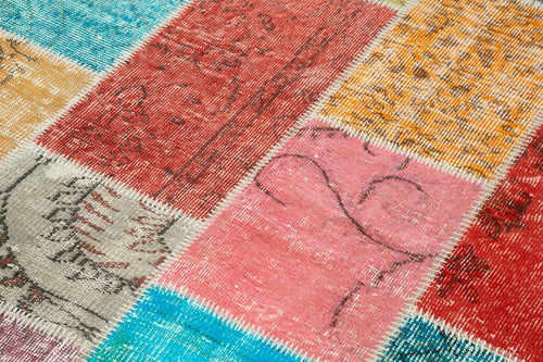 Handmade Area Rug - Blue Patchwork Wool Cotton Carpet, Vintage Turkish Style 4'9''x6'9''