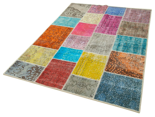 Handmade Area Rug - Blue Patchwork Cotton Wool Vintage Woven Carpet 4'9''x6'10''