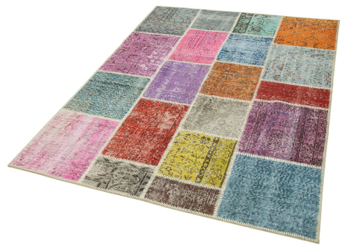 Handmade Area Rug - Blue Patchwork Cotton Wool Vintage Handwoven Carpet 4'9''x6'7''