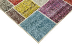 Handmade Area Rug - Blue Patchwork Cotton Wool Vintage Handwoven Carpet 4'9''x6'7''