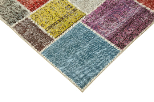 Handmade Area Rug - Blue Patchwork Cotton Wool Vintage Handwoven Carpet 4'9''x6'7''