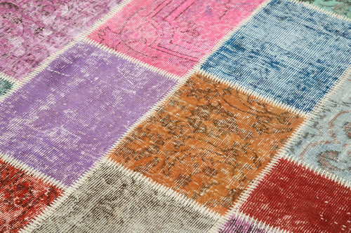 Handmade Area Rug - Blue Patchwork Cotton Wool Vintage Handwoven Carpet 4'9''x6'7''