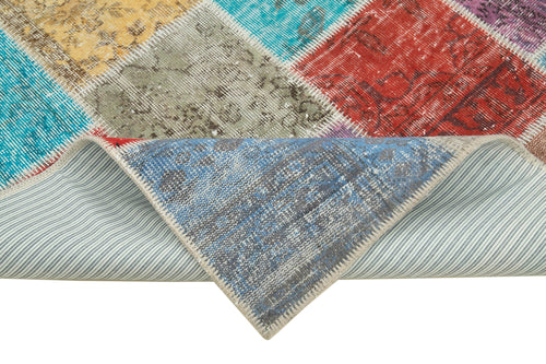 Handmade Area Rug - Blue Patchwork Cotton Wool Carpet | Artisan Crafted Vintage Turkish Rug 4'8''x6'9''