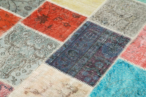 Handmade Area Rug - Blue Patchwork Cotton Wool Vintage Turkish Carpet 4'8" x 6'7"