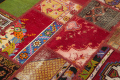 Handmade Area Rug - Red Patchwork Cotton Wool Vintage Turkish Carpet 4'6''x6'8''