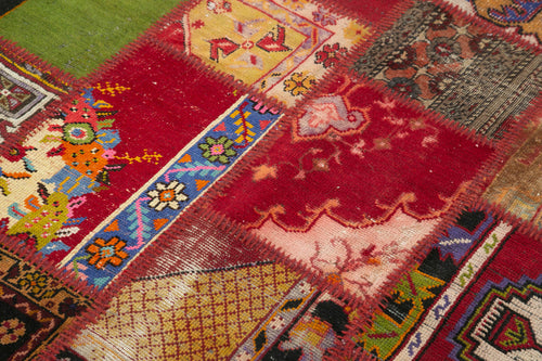 Handmade Area Rug - Red Patchwork Cotton Wool Vintage Turkish Carpet 4'6''x6'8''