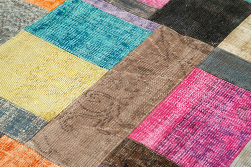 Handmade Area Rug - Blue Patchwork Cotton Wool Vintage Turkish Carpet 4'8"x6'7"