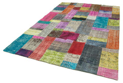Handmade Area Rug - Blue Patchwork Cotton Wool Vintage Handwoven Carpet 6'8" x 9'11"