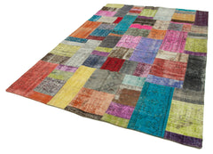 Handmade Area Rug – Blue Patchwork Style Wool Cotton Carpet 6'7"x9'10" Durable Soft Texture