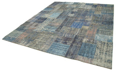 Handmade Area Rug – Blue Patchwork Style Wool Cotton Vintage Turkish Carpet 8'3"x9'11"
