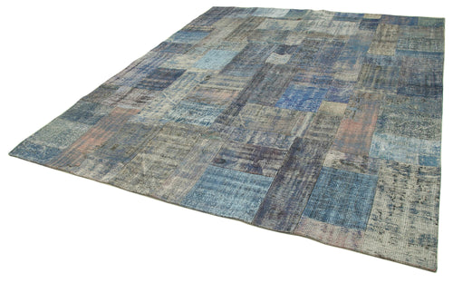 Handmade Area Rug – Blue Patchwork Style Wool Cotton Vintage Turkish Carpet 8'3"x9'11"