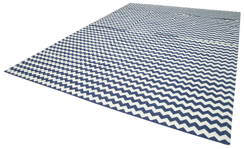 Handmade Area Rug - Blue Geometric Cotton Wool Rug 10'x13'9'' Durable & Soft
